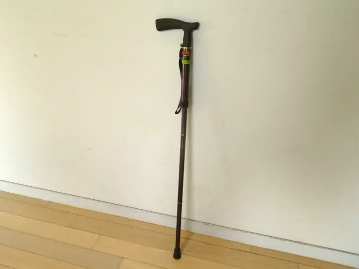 壁に立てかけられた、黒と茶色のシンプルなT字杖