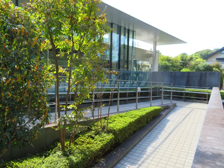 障害者用駐車場から建物の入り口へと続く、緩やかな勾配の舗装スロープ