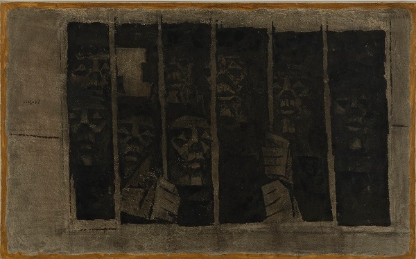 《北へ西へ》1959年 油彩･方解末･木炭,カンヴァス 山口県立美術館蔵