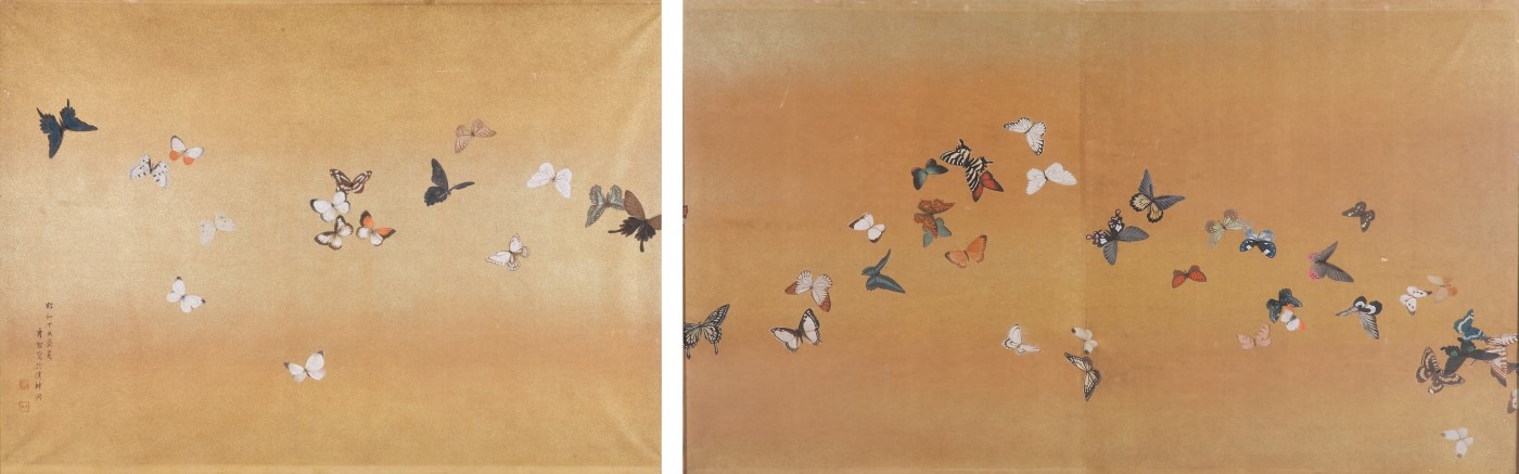 池上秀畝《飛蝶》　昭和12年（1937）　紙本着色3面のうち2面　個人蔵